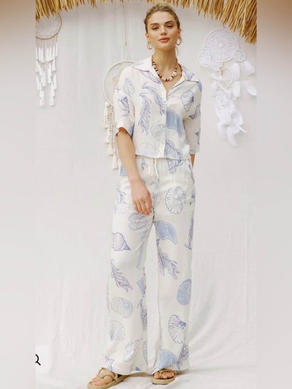 Stitch and Feather Shell Print Pants Top Set Small